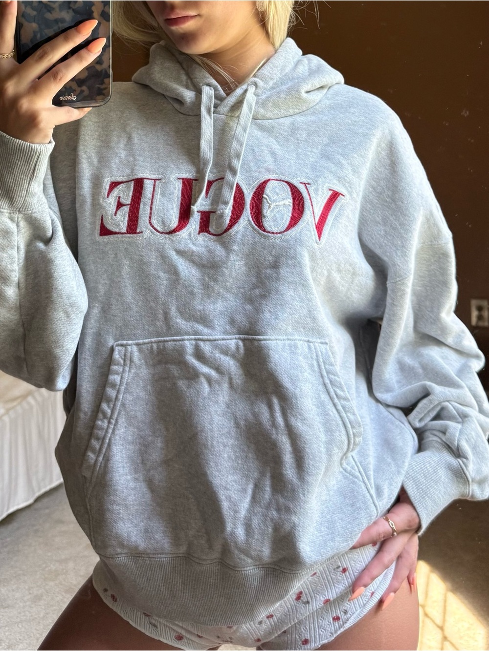 Vogue Gray Hoodie with Red Logo